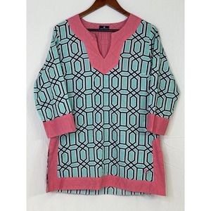 Simply Southern Women's Cotton Teal Pink Blue Geometric Notch Neck Tunic Top MED